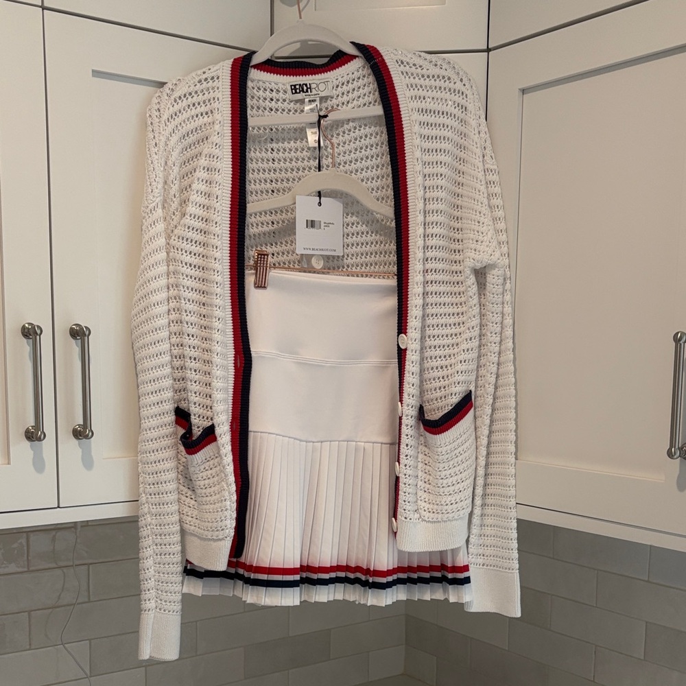 Beach Riot White Cardigan with Red and Blue Accents with skirt